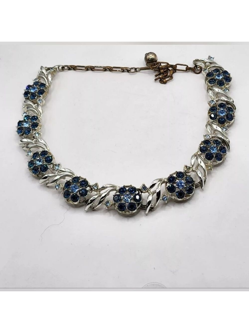 Vintage Blue Rhinestone Necklace Flowers 16"